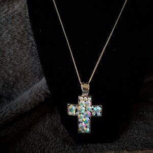 Crystal filled silver tone Cross necklace #61